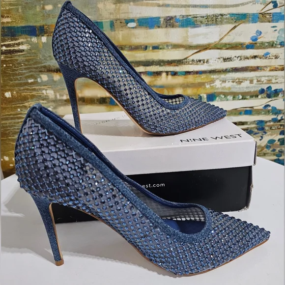 Nine West Freshe Denim Rhinestone Mesh Stiletto Pumps New Size 10 - Picture 2 of 16